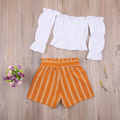 2021 Girls Clothing Set, Long Sleeve Off Shoulder Tops and Stripe Shorts Two-piece Suit for Birthday Party Vacation