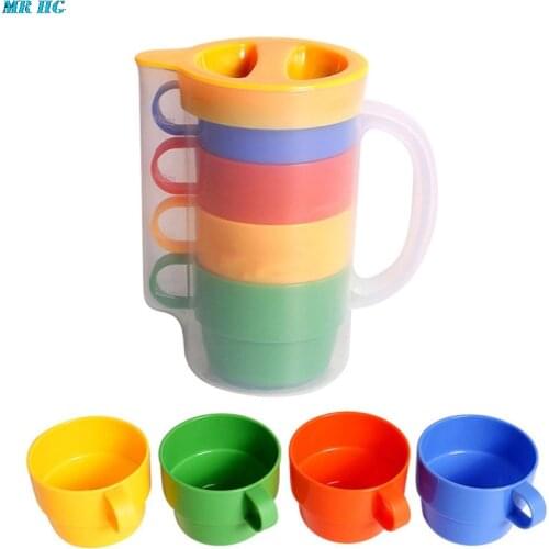 5PCS/lot PP 4 Cups And 1 Kettle Portable Rainbow Suit Cup Picnic Tourism Plastic Cup Coffee Household Cups Color Random