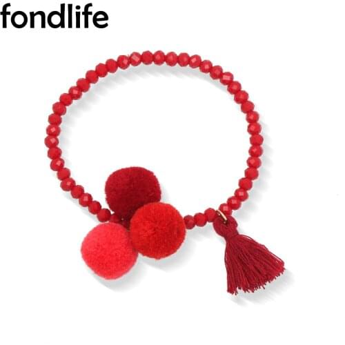 Bohemian sparkling Faceted Crystal Fluffy Pompon Stretch Bracelet Women Men Boho Red Green White Stones Tassels Summer Jewelry