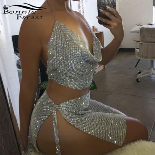 Bonnie Forest Seductive Crystal Diamonds Party Birthday Outfits Sexy Backless Glitter Rhinestone Two Piece Skirt Set Club Wear