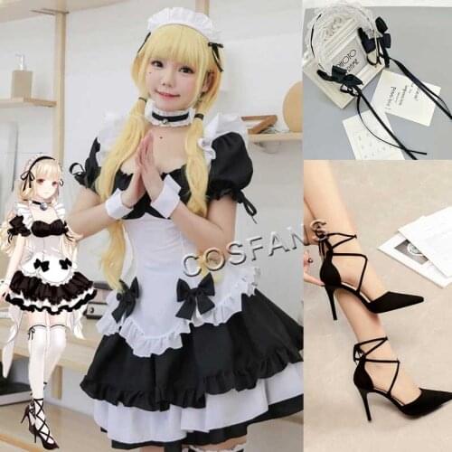 Black White Chocolate Halloween Costumes French Bowknot Maid Skirt Girls Woman Cosplay Costume Waitress Party Costumes wig shoe