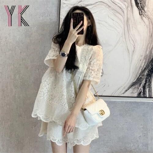 Two-Piece Lace Short Sleeve Temperament T Shirt Top+Elastic White Shorts Summer Pregnant Women Elegant Sets Kawaii Sweet Suits