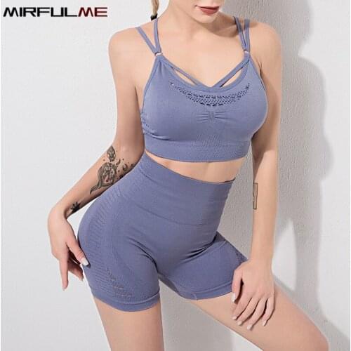 Slim Seamless Yoga Sets Women Shockproof Push Up Gym Running Fitness Bras High Waist Tights Shorts Hollow Out Sport Suit Female