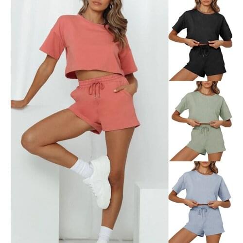 Summer 2021 New Fashion Womens Thin Cotton Solid Color Short Crop Top Drawstring Sports Suit