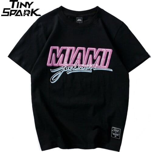 Men T-Shirt Cotton Hip Hop Miami T shirt Pink letter Print Hiphop Tshirt Streetwear Black Fashion White Tops Tee 2021 New Summer