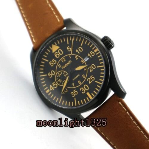 Parnis 44mm black dial sapphire glass PVD case 21 jewels MIYOTA Automatic Mens watch wristwatch