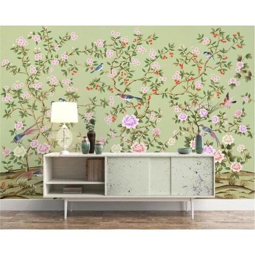 Beibehang Custom wallpaper 3D mural fashion hand-painted retro romantic flowers and birds TV background wallpaper murals