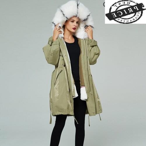 Luxury Rex Rabbit Fur Parka Coats Winter Real Fur Coat Large Fox Fur Hooded Thick Warm Wool Liner Long Jakcet Hiver 12013