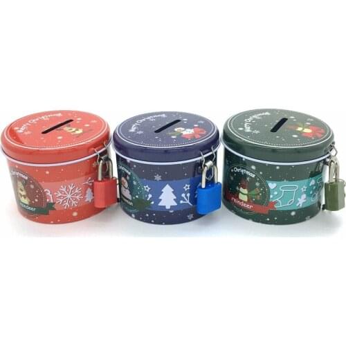 Christmas Gift Box Piggy Bank Coins Storage Box Cute Round Money Box With Metal Lock Key Cartoon Storage Can Birthday Gift