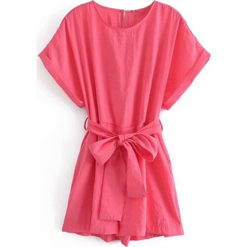 TRAF Women 2021Fashion Solid Color Round Neck Loose Playsuits Vintage Short-Sleeved Lace-Up High-Waist Short Jumpsuits