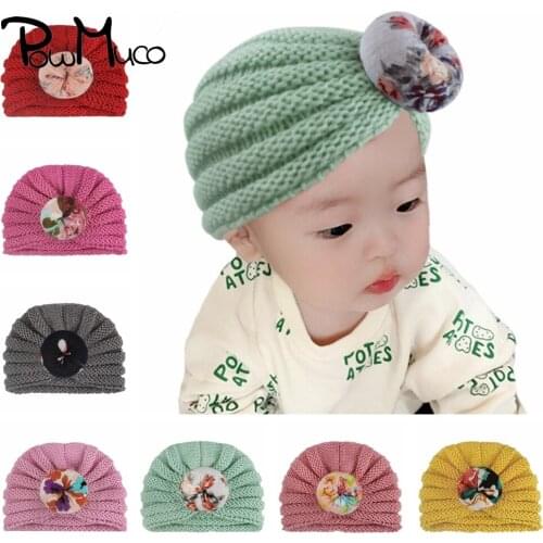 Powmuco 16*13 CM Knitted Striped Wool Baby Girls Hats Fashion Printed Donut Infant Cap Handmade Crochet Warm Headwear Kids Gifts