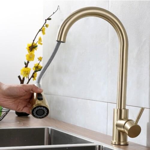 Healthy material 304 stainless steel kitchen pull-out faucet hot and cold retractable lead-free brushed golden sink faucet