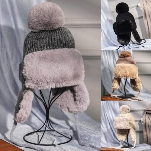 Women Winter Knit Pompom Trapper Hat Thick Fluffy Plush Warm Beanie Earflap Cap X5XA