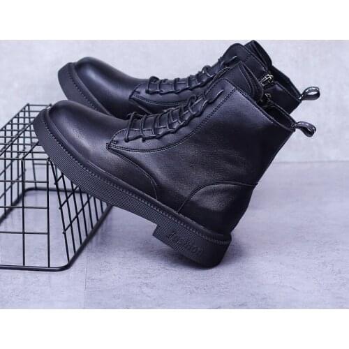 2021 New Autumn Winter Women Martin Boots Soft Leather Fashion Lady Low Square Heels Shoes Woman Black Lace Up Ankle Boots