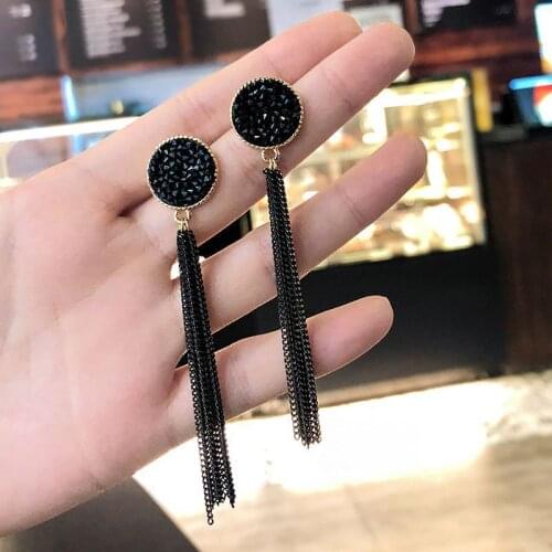 Korean Version Of The New Long Paragraph Exaggerated Chain Black Crystal Earrings Net Red Tassel Ladies Earrings Wholesale