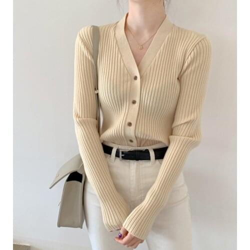 2021 New Womens Button Open Stitch Sweater Spring Autumn V Neck Single-breasted Ladies Top Slim Knitted Long Sleeve Women Coat