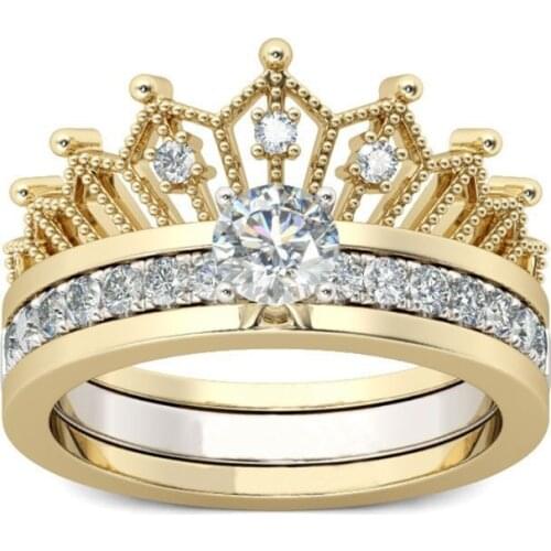2Pcs Crown Ring for Women Round Cut Wedding Ring Sets Gold Plated Cubic Zirconia Engagement Rings Band Fashion Jewelry