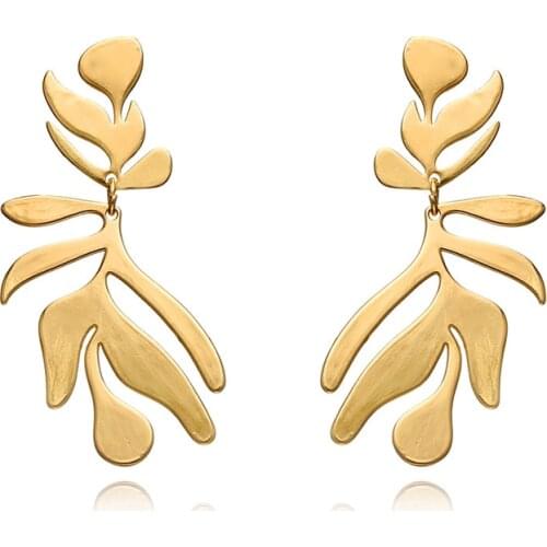 2020 New Punk Style Indian Jewelry Metal Plant Leaves Earrings Golden Drop Earrings For Women Bohemian Statement Metal Earrings