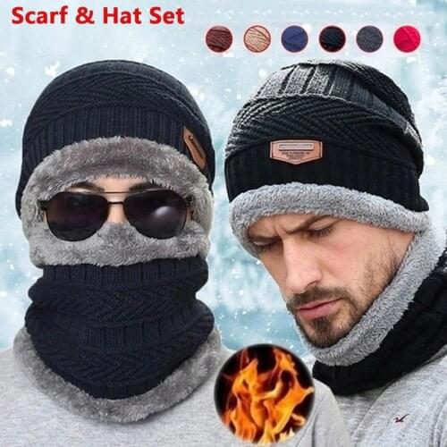 2020 Winter Beanie Hats Scarf Set Warm Knit Hat Skull Cap Neck Warmer with Thick Fleece Lined Winter Hat and Scarf for Men Women