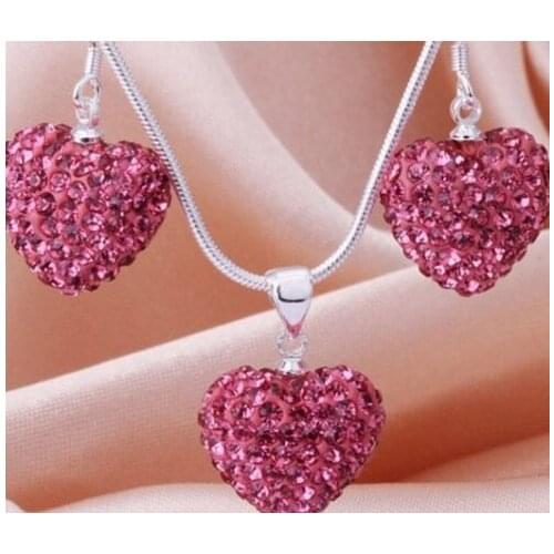 4 set/lot multicolor mixed Heart set silver plated drop earrings Necklace Pendant 16 inch Snake Chains l2434 crystal