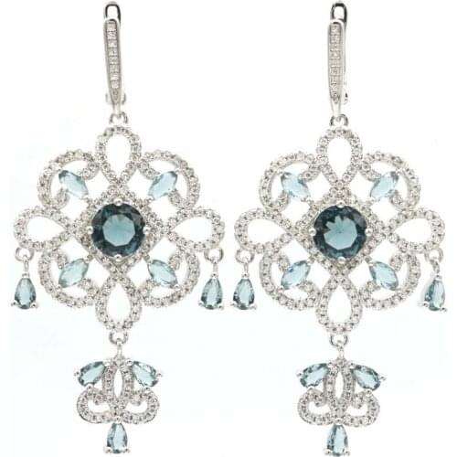 52x31mm Delicate Fine Cut Long Big Created London Blue Topaz Green Peridot For Womans Bride Engagement Silver Pendant