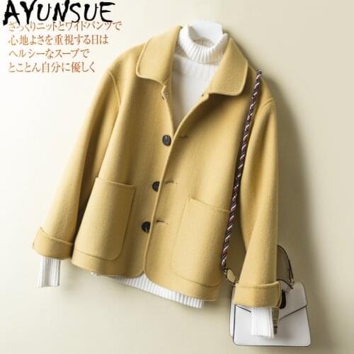 AYUNSUE 2020 100% Wool Coat Women Spring Autumn Jacket Short Double-sided Black Yellow Coat Korean Abrigo Mujer 1840 KJ2392