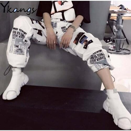 Womens Jogger Cargo Pants Girls Female Hip Hop High Waist Harem Pants Women Cool Print Pants Streetwear Drawstring Trouser Women