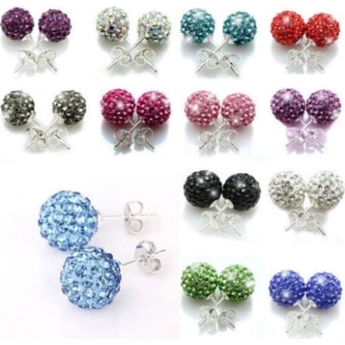 20pair/lot 10mm disco ball bead mixed white multicolor stainless steel Crystal Beads stud earrings silver plated l2424