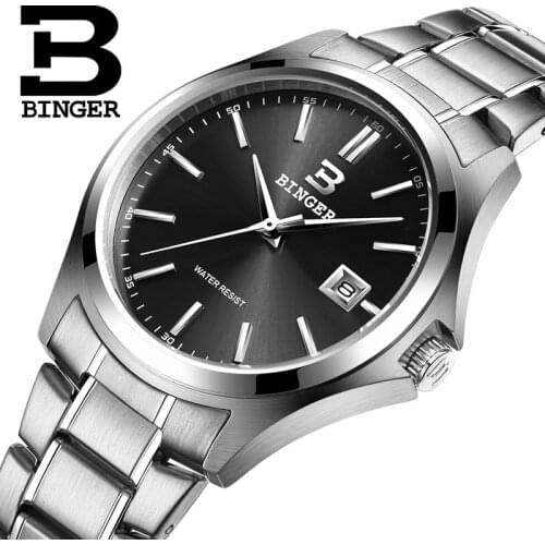 BINGER Original Full Stainless Clock Switzerland Luxury Mens Quartz Waterproof Complete Calendar Male Casual New Wristwatches