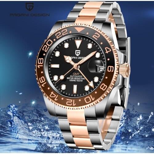 PAGANI DESIGN New Ceramic Bezel Rose Gold GMT Mechanical Watches 40mm Mens Sports Waterproof Clock Classic Luxury Watch for Men