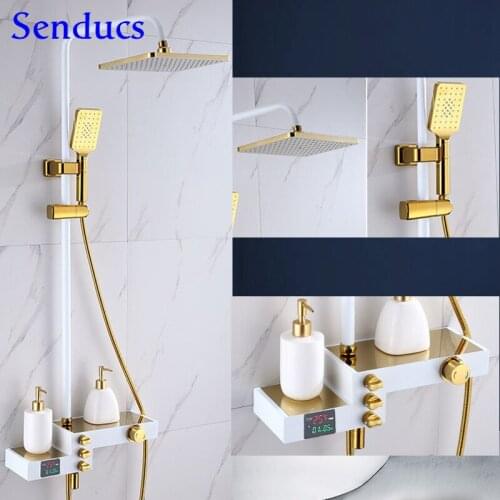 Bathroom Digital Shower Set Quality Brass Bathtub Faucets Rose Gold Thermostatic Bath Shower System Rainfall Bath Shower Head
