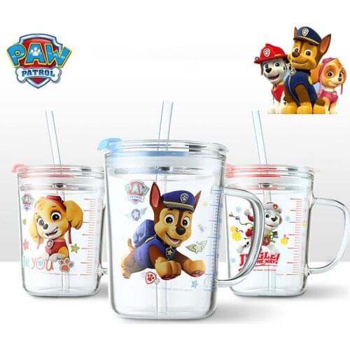 PAW Patrol Childrens Glass Water Cup 350ml Chase Marshall Skye Cartoon Anime Boy Girl Straw Cup Cute Kid Drinking Milk Bottle