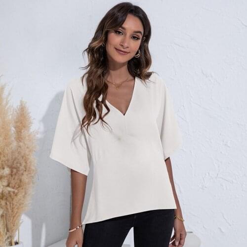 Short Sleeve Casual Women Loose Chiffon Top Female T-shirt Summer Fashion V-Neck Solid White Street Clothing Pullover Tee New