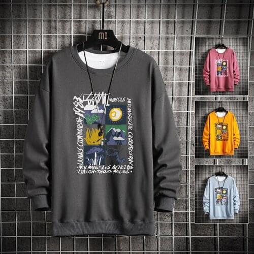 Mens Round Neck Trend Loose Wild 2021 New Spring and Autumn Casual Hip-Hop Tide Brand Autumn Printed Clothes