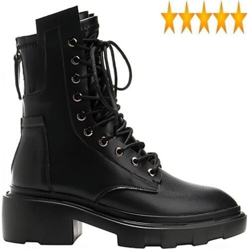 Chunky Heels Short Women Autumn Winter Lace Up Motorcycle Boots Female British Increase Thick Bottom Genuine Leather Shoes