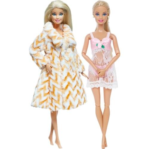 High Quality Lady Doll Outfit Fur Coat + Pink Pajamas Lace Top Bedroom Wear Dress Clothes for Barbie Doll Accessories Kids Toy