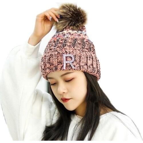 2021 New Winter Hat Ladies Fashion Sticky Rhinestone R Knitted Hat ear Protection Plus Velvet Cold And Warm Knitted Woolen Hat