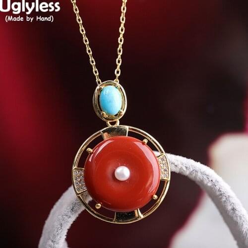 Uglyless Agate Necklaces Jade Pendants NO Chain Ethnic Peace Buttons Gemstone Jewelry 925 Silver Simple Dress Necklace Turquoise