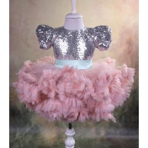 Pink Puffy Infant Toddler Girls Birthday Dresses O Neck Sequined Top Tulle Flower Girl Dress Children Princess Tutu Outfit