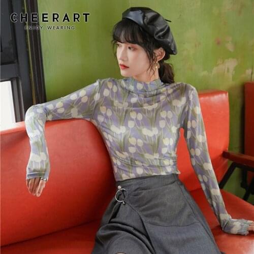 CHEERART Lilac Tulip Floral Mesh Top Long Sleeve Tees T Shirt Women Tshirt Turtleneck Transparent Ladies Top Korean Fashion