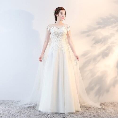 Wedding Dress Lace Up Elegant Floor-Length O-Neck Short Sleeve A-Line Embroidery Simple Tulle Plus Size Women Wedding Gowns G012
