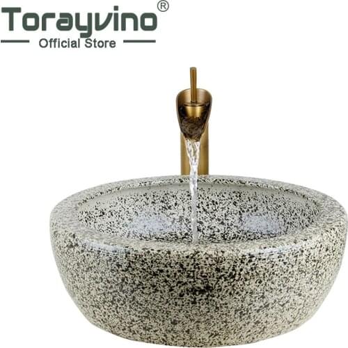 Torayvino Bathroom Sink Hand Paint Washbasin Tempered Ceramic Basin Sink With Waterfall Faucet Taps Vessel Water Drain Set