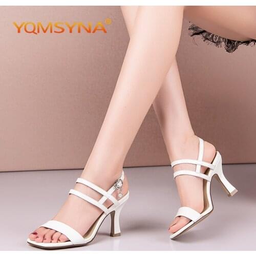 YQMSYNA Sexy Sandals Women Open Toes Thin Heels Narrow Band Party High Heel Sandals Buckle Strap Concise Pearl Lady Shoes AS159