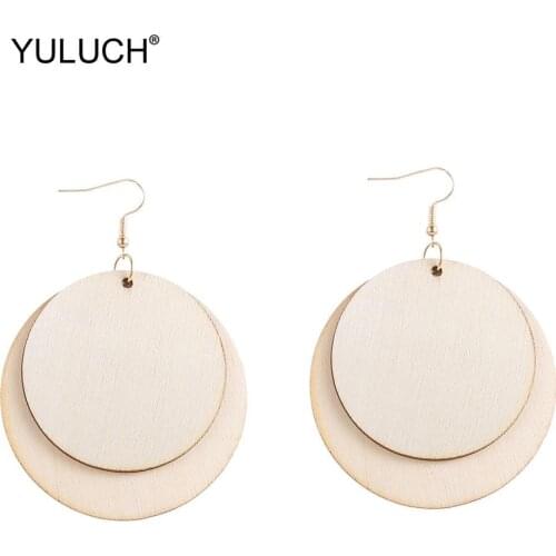 YULUCH 2019 Ethnic African Indian Beige Double layer Wooden Round Geometric Triangle Leaf Dangle Pendant Drop Earrings For Women