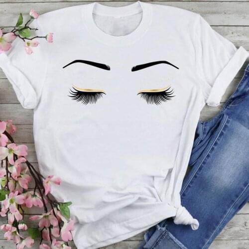 Women Sweet 90s Eyelash Beauty Cute Make Up Cartoon Summer Fashion Lovely Clothes Print Short Sleeve Tops Tees Tshirt T-Shirt