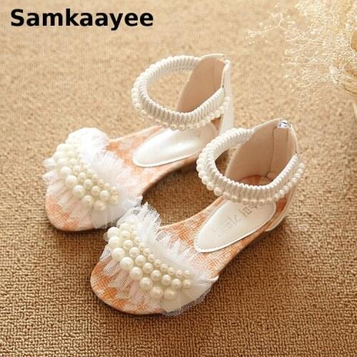 2-18y Children Shoes Kids Girls Sandals Summer Baby Flats Pearl Lace Princess Soft Bottom Breathable Zipper Beach Footwear S30