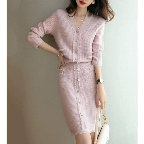 Women Spring Autumn Knitted Sweater Cardigan And Skirts 2 Pieces Sets Korean Female Tassel V-neck Plus Size Two piece Set R643