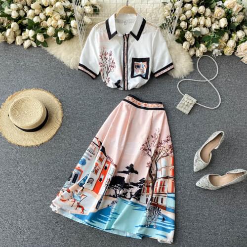 Fashion Suits Female Commuter Lapel Short-sleeved Lace Patchwork Shirt Retro Print High waist Long Skirt Two-piece Outfits Women