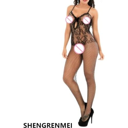 SHENGRENMEI Sexy Bodysuit Women 2019 Bow Floral Embroidery Hollow Out Lace Teddies Black Underwear Summer Nightwear Dropshipping