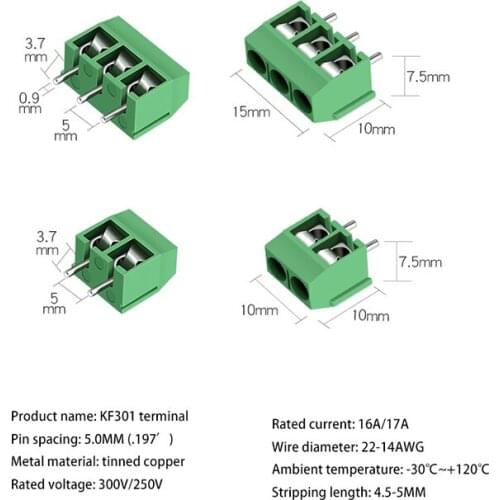 20PCS/LOT KF301-2P 3P KF301-5.0-2P 3P KF301 Screw 2/3Pin 5.0mm Straight Pin PCB Screw Terminal Block Connector